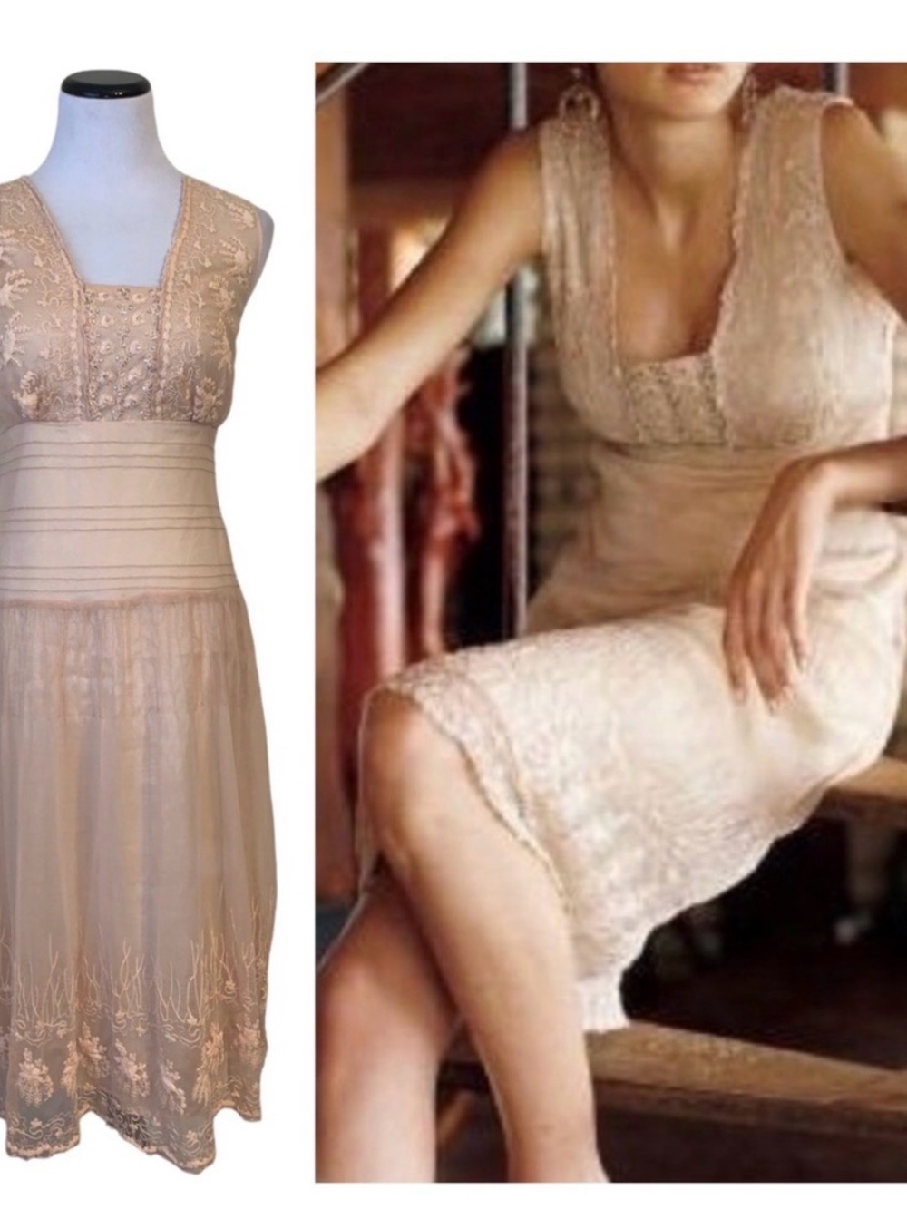 Anthropologie Lace-Overlay Midi Dress in Blush Cream